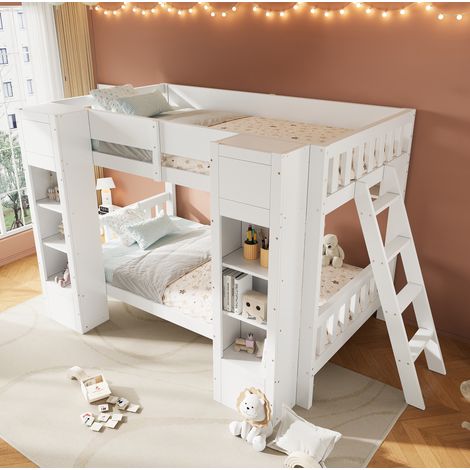 Litera infantil 90x200 cm blanca de madera maciza y MDF con armarios, estante y escalera reversible (1/5)