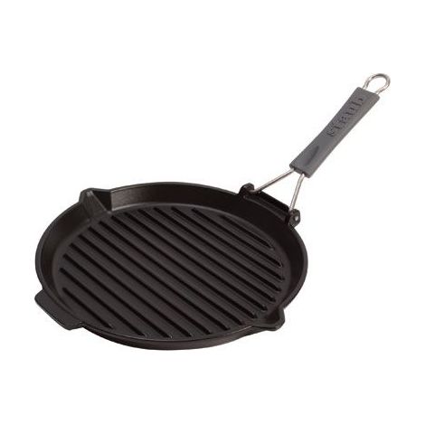 STAUB- Gril en Fonte avec Bec Verseur et Manche Silicone, Rond, diam 27 cm, Noir Mat (1/5)