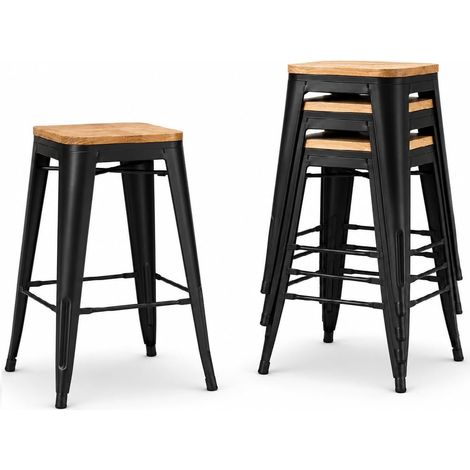 Lot de 4 Tabourets de Bar Industriels 66 cm – Structure en Métal Noir Mat, Assise en Bois Clair, Style Loft Vintage, Cuisine, Îlot Central, Bar, Restaurant, Montage Facile (1/5)