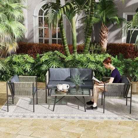Set de Mobilier de Jardin 4 Pièces, 1 Canapé, 2 Fauteuils, 1 Table à Plaque de Verre, Coussin, Cadre en Acier, Rattan en Plastique, Gris (1/5)