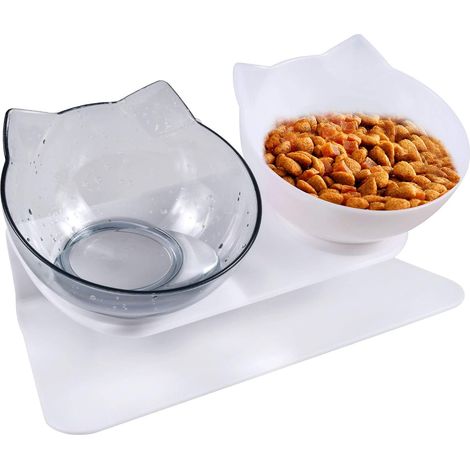 Gamelle double pour chat, Gamelle pour chat, Gamelle double surélevée inclinée à 15°, Distributeur de nourriture pour chats et petits chiens (1 gamelle blanche + 1 transparente) (1/5)