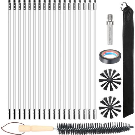 Kit de 24 brosses de nettoyage pour cheminée avec 18 tiges en nylon flexibles + 2 têtes de brosse + 1 longue brosse en bois + sac de rangement, tuyau d'évacuation, capot de fumée (1/5)