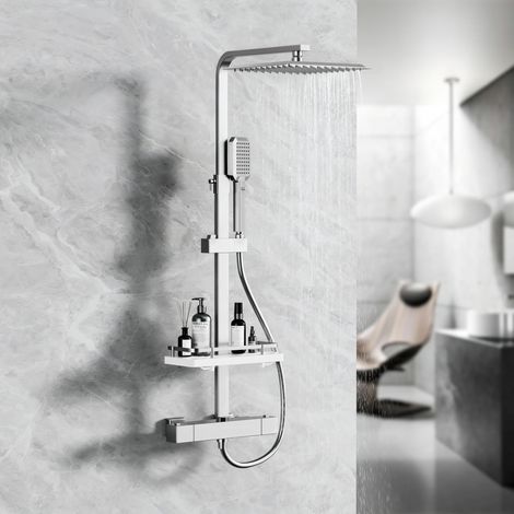Colonne de Douche Thermostatique, Colonne de Douche Mural avec Étagère, Salle de Bain Colonne de Douche, Thermostat avec Mitigeur Réglable en Hauteur Système de Douche (1/5)