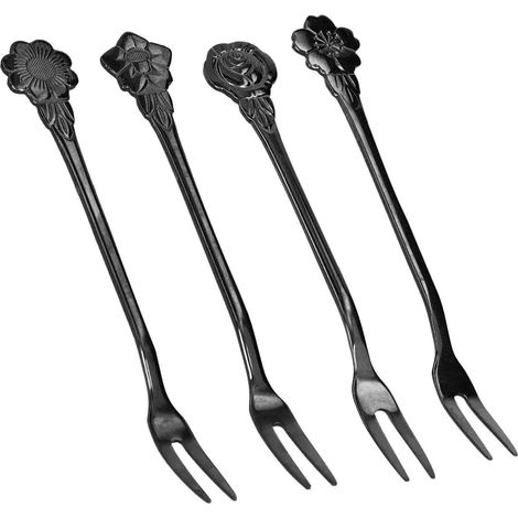 Lot de 4 fourchettes à fruits à 2 dents en acier inoxydable, mini fourchettes de dégustation pour salades, fruits et desserts, pour la maison, la cuisine et les fêtes, couleur ruthénium noir (1/5)