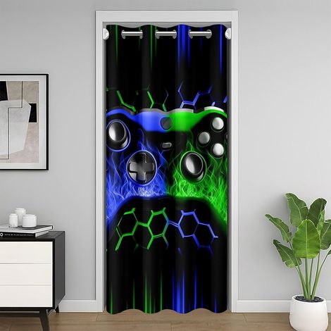 Rideau de Porte Console de Jeu Rideau Occultant Enfants Adolescents Adultes Bleu Vert Poignée de Jeu Rideaux Porte 132x203 Jeu 3D Géométrique Rideaux de Placard Néon Peigne D'Miel pour Chambre - 132L (1/5)
