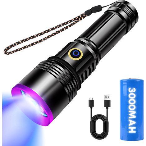 Lampe torche UV 365 nm, détecteur d'urine à lumière noire ultraviolette rechargeable 20 W, avec lunettes de protection UV, batterie incluse [Classe énergétique A++] (1/5)
