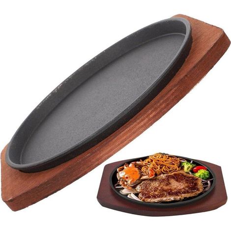 1 Assiette En Fonte, 25cm, Plaque Chauffante Antiadhésive, Base En Bois, Pour Restaurant Et Barbecue