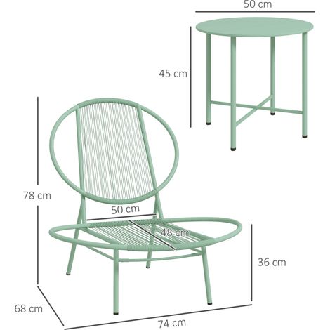 Ensemble bistro 3 pièces acier résistant : table bistro + chaises ergonomiques forme coquillage, mobilier de balcon, vert