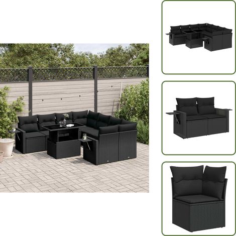 9-tlg. Garten-Sofagarnitur mit Kissen Schwarz Poly Rattan - Gartenmöbel Set - Esszimmergarnitur - Outdoor Möbel - Lounge Garnitur - Rattan Gartenmöbel (1/5)