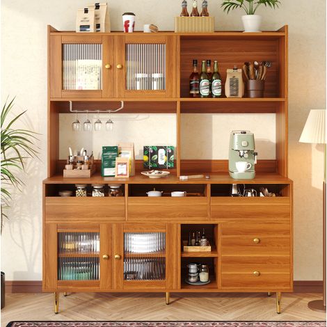 Aparador 145/39/171 cm de MDF en nogal con puerta de vidrio acanalado y botellero, funcional y moderno (1/5)