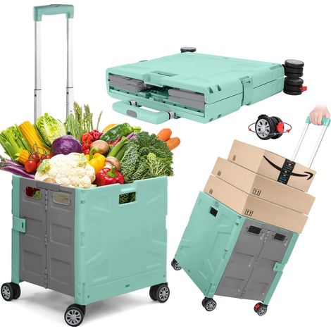 Chariot De Courses Pliable sur 4 Roues, Chariot De Rangement avec Poignée Télescopique Réglable, Chariot Portable Robuste De 50 Kg avec Couvercle pour Le Shopping/Camping - Vert/Gris (1/5)