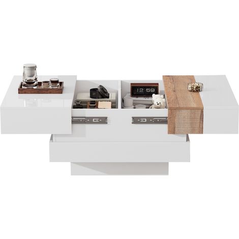 Table basse carrée extensible 70 x 70 x 39 cm, blanche brillante, avec rangement caché, plateaux séparés et plateau coulissant pour salon - CHICFURN (1/5)