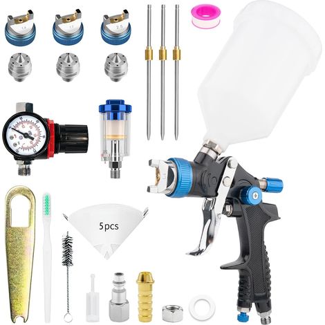 HVLP Professionnel Pistolet à Peinture Carrosserie Alimentation par Gravité 3 Buses 1,4/1,7/2,5mm Coupelle 600cc par gravité et Jauge de Pression HVLP Meubles de Voiture Pistolet de réparation (Bleu) (1/5)