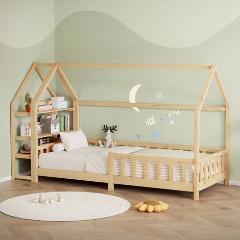 ML-Design Letto a Casetta 90x200 cm per Bambini, Colore Naturale, in Legno di Pino, con Protezione Anticaduta e Libreria Integrata, Tetto e Rete a Doghe, Letto a Terra Montessori per Cameretta (1/5)