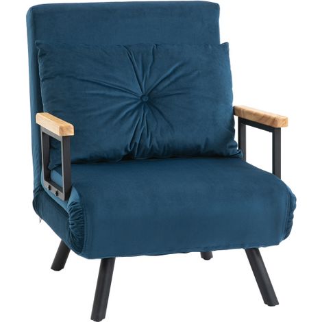 Canapé-lit / Fauteuil de relaxation (avec fonction couchage) — Lit d'appoint, revêtement en velours, coussins de dossier inclus, dossier réglable — Bleu (1/5)