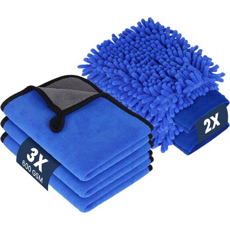 5-Piece Car Cleaning Kit, Car Wash Gloves, Car Cleaning Mitt, 600 GSM Microfiber Drying Cloth, 3 Microfiber Wash Mitts, 2 Microfiber Car Cloths (1/5)