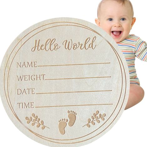 Plaque ronde de 15 cm (5,9 pouces) en bois de tilleul, avec l'inscription « Bonjour le monde », idéale pour la chambre de bébé. L7 (1/5)