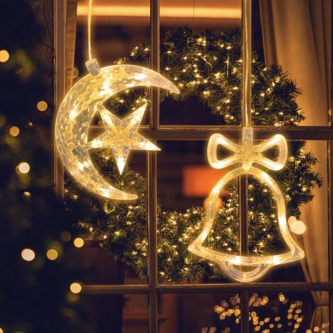 Luci di Natale "Luna e campana", decorazioni natalizie a LED per finestre, luci a batteria, timer, luci a catena per regali di Natale, balcone, festa, matrimonio (bianco caldo)