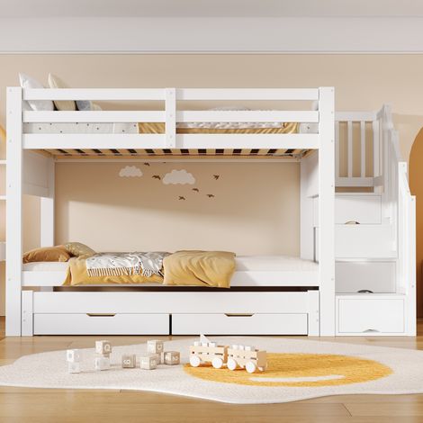 Etagenbett 253x95x160 cm, ausziehbares Bett, 2 Schubladen, Stauraumtreppe mit Kleiderschrank, MDF und Kiefernholz, Weiß (1/5)