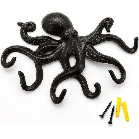 Patère murale pieuvre, patère murale design, porte-manteau mural rustique, patère murale robuste à 6 bras - Noir (1/5)