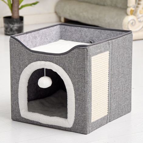 Niche Pliable pour Chat Lit pour Chat avec Planche à Gratter et Balle Jeux Panier Chat Maison avec Terrasse de 2 Couches pour Chat Chaton Nid Chats Intérieur/Extérieur Compris Coussin