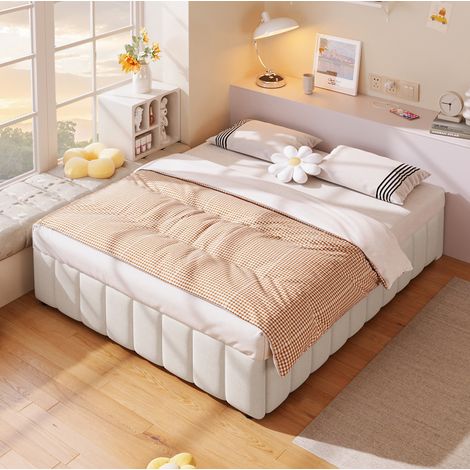 DESVIAE Lit rembourré avec rangement hydraulique 140 x 200 cm sans tête de lit beige en lin et MDF (1/5)