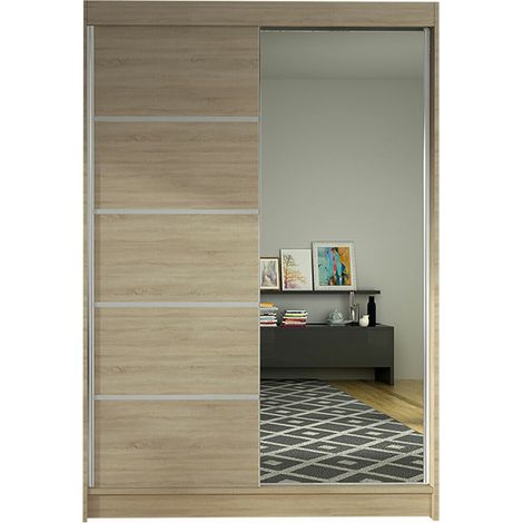 Armario Closico Salvor III, Roble Sonoma, 200x120x58cm, Puertas de armario: Correderas, Número de estantes: 5 (1/4)
