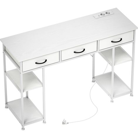 Bureau blanc avec prises électriques, 3 tiroirs en toile et 4 étagères de rangement, 120 x 40 x 76 cm (1/5)