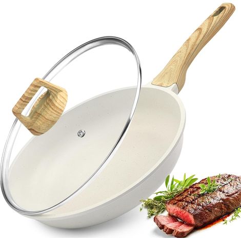 Poêle en céramique 24 cm antiadhésive avec couvercle blanc marron