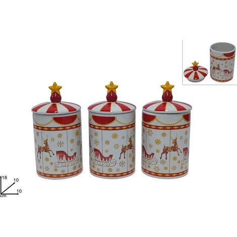 Set 3 Barattoli da Cucina Natale in Ceramica Renna con Slitta 18 x 10 cm
