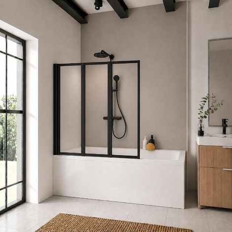 pare baignoire l.127 x 140 cm à coller,noir,3 volets (47+40+40) pivotants, fixation sans perçage, paroi mobile rabattable à 180°, verre de sécurité 3 mm (1/4)