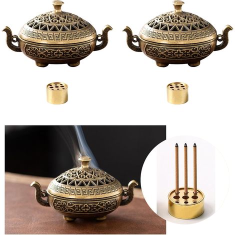 Juego de quemador de incienso de 2 piezas, porta incienso, incensario, quemador de incienso de carbón, contiene dos porta inciensos de metal y algodón ignífugo, 7,7 x 5 x 4,3 cm