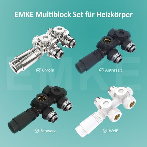 EMKE Hahnblock Thermostatventil Multiblock Set Heizkörper Mittelanschluss Eck- und Durchgangsform φ16xG1/2" Chrom