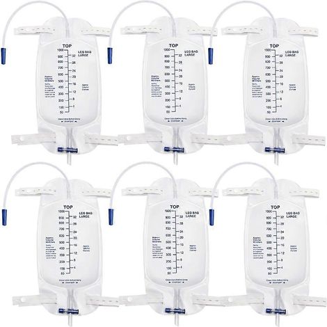 Poches à urine pour sonde de Foley pour hommes (lot de 6), 1000 ml, avec système de drainage anti-éclaboussures. (1/5)