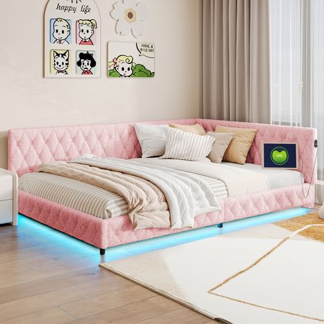 FOERPL-Gepolstertes Schlafsofa 140 x 200 cm mit LED-Beleuchtung und USB-Anschluss, Kinderdoppelbett 140 x 200 cm mit Lattenrost, 2-Sitzer-Tagesbett mit gestepptem Kopfteil für Erwachsene und Jugendlic
