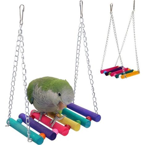 Balançoire colorée pour perroquet - Hamac pour cage à perroquet - Pont suspendu en bois amusant - Perchoir pour oiseaux - Coloré - Jouet balançoire - Jouet suspendu - Support de jeu durable - Convient (1/5)