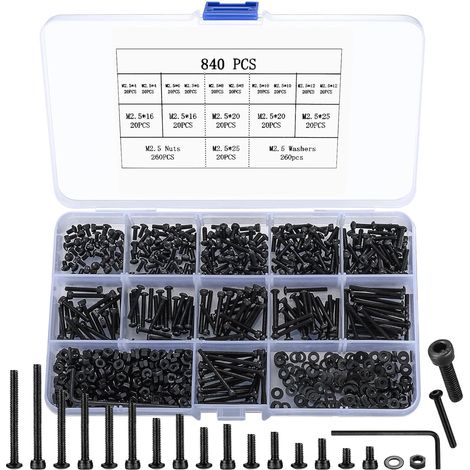 840Pcs M2.5 Petites vis métriques avec écrous, bouchon de tête de prise hexagonale et kits d'écrous, vis de fixation de machine de remplacement en acier au carbone et écrous de boulons (M2.5 840 noir)