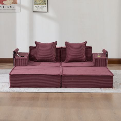 Sofá cama de 2 plazas de tejido acanalado burdeos, modular, con 2 cojines, 162 x 78 x 66 cm DESVIAE (1/5)