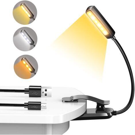 Lampe de Lecture LED, Rechargeable 6 LED Liseuse Lampe Clip, 360°Cou Flexible Lampe Pince, 3 Modes de Couleur (Blanc Froid&Chaud), Pince Lampe Livre