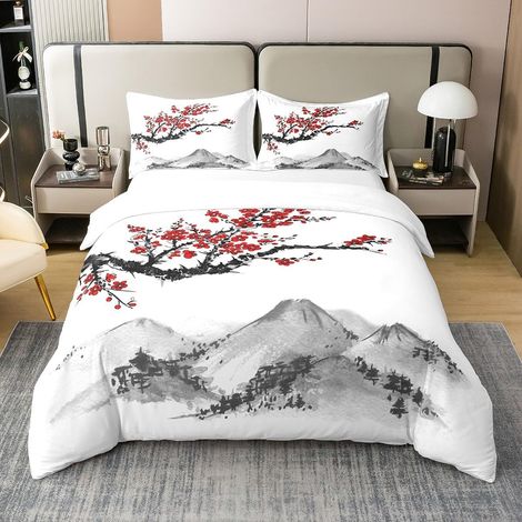 Cotton, Duvet Cover 220 x 240 cm, Japanese Style, Red Cherry Blossom Print Bedding Set for Adults, Women, Teens, Mount Fuji Ink Painting Bedding Set (1/5)