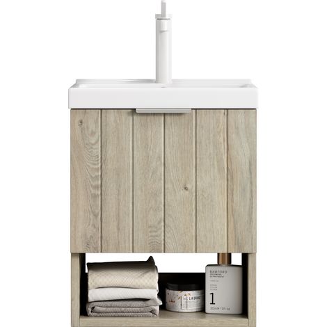 Meuble vasque mural 42 cm avec lavabo céramique blanc, armoire à portes et étagère ouverte pour petite salle de bain CHICFURN (1/5)