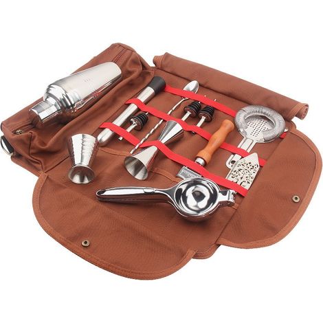 Sac de barman en toile, mallette portable pour outils de mixologie avec plusieurs compartiments, 44 x 34 x 1 cm, couleur café (1/5)