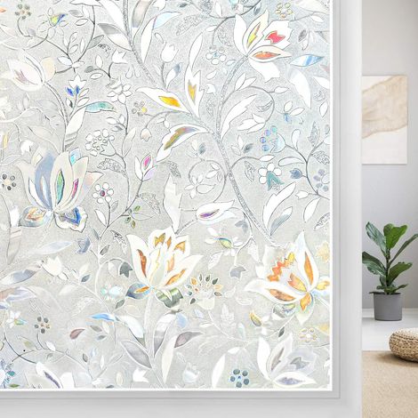 QAZQA Film autocollant 3D statique pour fenêtre avec motif floral, film occultant pour fenêtre, film pour fenêtre de porte vitrée, film décoratif anti-UV, 44,5 x 200 cm (1/5)