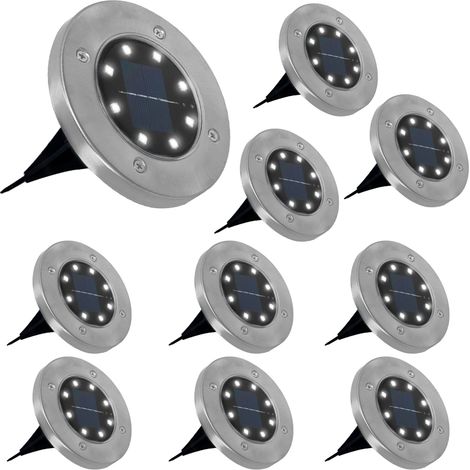 Idmarket – 10er-Pack LED-Solar-Gartenstrahler – Bis zu 8 Stunden Akkulaufzeit – Schutzart IP44 – Edelstahl und Kunststoff – Abnehmbarer Erdspieß inklusive (1/5)