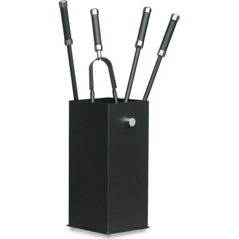 Porta attrezzi camino acciaio nero manico cromo 4 accessori h.60 base16 x 16 cm.  Made in Italy