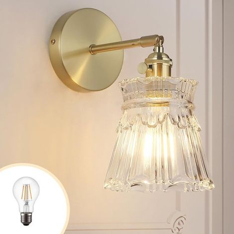 Vintage Wandleuchte aus Messing Nachttischlampe Badezimmerspiegellampe mit französischem floralem Glasschirm 180° verstellbar für Schlafzimmer un (1/5)