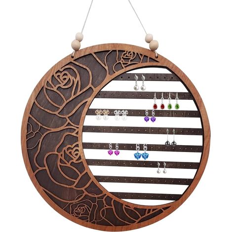 Ohrring-Wandhalter aus Holz – Ohrringständer aus Holz, Schmuck-Organizer, Wandmontage, Halter für Ohrringe, Halsketten, Armbänder, Mond-Sechskant-Form (1/5)
