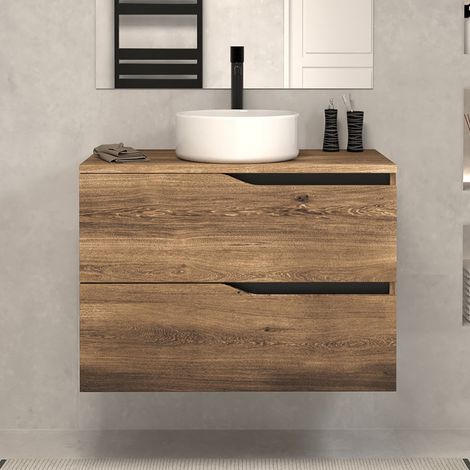 Meuble de salle de bain 70cm avec plateau et vasque à poser - 2 tiroirs - sans miroir - tabaco (bois foncé) - LUNA (1/5)