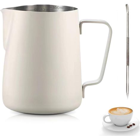 Lattiera in acciaio inox, lattiera in acciaio inox con sollevamento manuale, brocca per caffè da barista, tacca di misurazione e penna per latte art per creare cappuccino ed espresso (beige) (1/5)