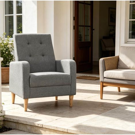 Sillon tapizado de lino gris oscuro con reposabrazos, altura 90,5 cm, carga maxima 150 kg (1/5)